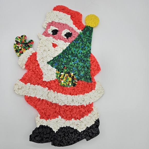 Vintage Melted Plastic Popcorn Santa, Christmas Window Decoration 18.5" Tall - Picture 7 of 8